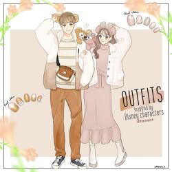 1boy 1girl animal_ears bear_ears dual_persona duffy_and_friends duffy_the_disney_bear fake_animal_ears full_body furry furry_female furry_male holding humanization long_hair long_sleeves looking_at_viewer meecosme shelliemay shirt short_hair skirt smile standing stuffed_animal stuffed_toy