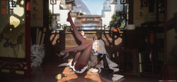 1girl ahoge architecture black_pantyhose black_shirt black_shoes breasts commentary commentary_request copyright_logo east_asian_architecture english_commentary hair_intakes hair_ornament hairclip high_heels highres large_breasts legs_up long_hair long_sleeves looking_at_viewer official_alternate_costume on_floor out_of_frame pantyhose partial_commentary rain_sama shadow shirt shoes single_shoe solo unworn_shoe white_hair yixuan_(trails_of_ink)_(zenless_zone_zero) yixuan_(zenless_zone_zero) zenless_zone_zero