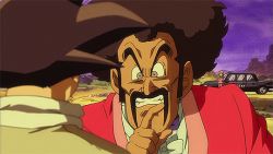 10s 2015 3boys afro animated animated_gif anime_screenshot black_hair bow bowtie car chinese_clothes covering_own_mouth dragon_ball dragon_ball_super facial_hair family farmer father_and_son formal_clothes gesture limousine male_focus motor_vehicle mr._satan multiple_boys mustache scarf son_goku son_goten suit sunset thick_eyebrows
