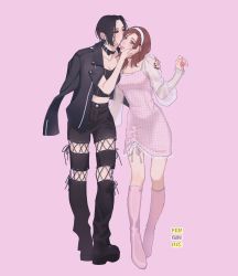 2girls black_eyeshadow black_footwear black_hair black_jacket black_pants blush boots breasts brown_hair dress ear_piercing eyeshadow full_body hairband highres jacket kiss kissing_cheek komatsu_nana lipstick long_sleeves looking_at_viewer makeup medium_breasts multiple_girls nana_(series) osaki_nana pants parted_lips penginius piercing pink_background pink_boots pink_dress pink_lips puffy_long_sleeves puffy_sleeves see-through_clothes see-through_sleeves short_hair standing white_hairband
