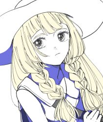 1girl atsumi_yoshioka blonde_hair braid closed_mouth collared_dress commentary_request dress eyelashes grey_eyes hat lillie_(pokemon) limited_palette long_hair looking_to_the_side nintendo pokemon pokemon_sm simple_background sleeveless sleeveless_dress solo strap sun_hat twin_braids upper_body