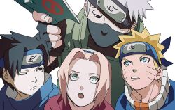 1girl 3boys black_eyes black_gloves black_hair blonde_hair blue_eyes blue_jacket blue_shirt book closed_mouth covered_mouth facial_mark fingerless_gloves forehead_protector gloves green_eyes green_vest grey_hair haruno_sakura hatake_kakashi highres holding holding_book jacket konohagakure_shinobi_uniform konohagakure_symbol long_hair looking_at_another mask mouth_mask multiple_boys naruto naruto_(series) ninja_mask one_eye_closed one_eye_covered open_mouth parted_lips pink_hair pnpk_1013 red_shirt shirt simple_background spiked_hair uchiha_sasuke uzumaki_naruto vest whisker_markings white_background