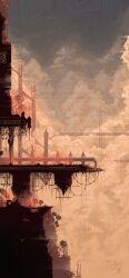 artist_name bridge building cable casver_w cityscape cloud commentary day english_commentary highres lantern no_humans outdoors pole rain_world ruins scenery skyscraper tree