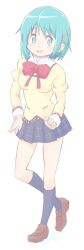 1girl :d blue_skirt blush bow bowtie breasts brown_shoes cardigan collared_shirt commentary_request full_body hair_ornament hairclip heel_up highres kneehighs loafers long_sleeves looking_at_viewer mahou_shoujo_madoka_magica medium_breasts miki_sayaka mitakihara_school_uniform open_mouth plaid_clothes plaid_skirt pleated_skirt red_bow red_bowtie ribbon school_uniform serafuku shirt shoes short_hair simple_background skirt smile socks solo standing translation_request white_background zashikiori
