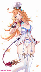 1girl ahoge artist_name babydoll black_bow black_bowtie blonde_hair blue_bow blush bow bow_panties bowtie breasts chef_hat cleavage closed_eyes commentary escoffier_(genshin_impact) finger_in_own_mouth garter_straps genshin_impact hand_up hat highres long_hair medium_breasts navel panties solo tail thighhighs tomatolaccoon underwear very_long_hair white_babydoll white_background white_garter_straps white_hat white_panties white_thighhighs