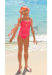1girl absurdres ahoge alternate_costume beach competition_school_swimsuit day double_bun flip-flops full_body glasses hair_bun highres kantai_collection long_hair looking_at_viewer makigumo_(kancolle) ocean ojipon one-piece_swimsuit outdoors pink_hair pink_one-piece_swimsuit sandals school_swimsuit smile solo standing swimsuit twintails water watermark waves yellow_eyes