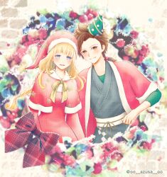 Rule 34 | 1boy, 1girl, :d, adapted costume, arm around shoulder, azu rin go, blonde hair, blue eyes, blush, bokujou monogatari, bokujou monogatari: mittsu no sato no taisetsuna tomodachi, bow, bowtie, braid, brick wall, brown eyes, brown hair, capelet, christmas, christmas ornaments, closed mouth, cowboy shot, curtained hair, dress, fur-trimmed capelet, fur-trimmed jacket, fur trim, green shirt, hair bobbles, hair ornament, half-closed eyes, hand on another&#039;s shoulder, haori, hat, hat ornament, heads together, highres, hinata (bokujou monogatari), jacket, japanese clothes, long hair, long sleeves, looking at viewer, low twin braids, nanami (bokujou monogatari), obi, open mouth, parted bangs, party hat, plaid bow, rattail, red bow, red capelet, red dress, red haori, santa hat, sash, shirt, shirt under kimono, side part, sidelocks, smile, snowflake print, snowflakes, spiked hair, star (symbol), star hat ornament, three-quarter sleeves, twin braids, twitter username, very long hair, widow&#039;s peak, yellow bow, yellow bowtie