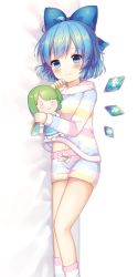 0_0 1girl ahoge bed_sheet blue_bow blue_eyes blue_hair blue_wings blush bow character_doll cirno closed_mouth coa_(chroo_x) daiyousei dakimakura_(medium) detached_wings feet_out_of_frame hair_bow ice ice_wings jacket long_sleeves looking_at_viewer loungewear lying navel on_side pajamas short_hair short_shorts shorts simple_background sleeves_past_wrists smile socks solo striped_clothes striped_jacket striped_pajamas striped_shorts striped_socks touhou white_background wings