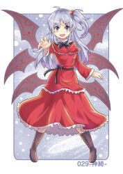 Rule 34 | 1girl, blue eyes, boots, bow, breasts, colonel aki, commentary request, dress, foreshortening, full body, galaxy, grey hair, hair bobbles, hair ornament, long hair, looking at viewer, multiple wings, open mouth, outstretched hand, red dress, shinki (touhou), side ponytail, small breasts, smile, solo, standing, star (sky), touhou, translation request, wings