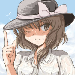1girl brown_eyes brown_hair female_focus flx hat lowres one_eye_closed short_hair smile solo sweat touhou usami_renko wink