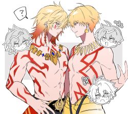 !? +++ 3boys ? ahoge antenna_hair arm_tattoo blonde_hair braid chest_tattoo chibi commentary_request earrings eye_contact faceoff facial_tattoo fate/grand_order fate_(series) gilgamesh_(fate) gold_earrings gold_necklace gradient_hair hair_between_eyes highres honkai:_star_rail honkai_(series) jewelry looking_at_another male_focus multicolored_hair multiple_boys mydei_(honkai:_star_rail) necklace ni_nt0 phainon_(honkai:_star_rail) red_hair short_hair side_braid spoken_question_mark surprised tattoo toned toned_male yellow_eyes