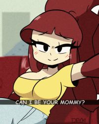 1girl animated animated_gif black_eyes bouncing_breasts breasts breasts_out brown_hair creatures_(company) darkprincess04 english_text female_focus game_freak gen_3_pokemon half-closed_eyes large_breasts looking_at_viewer mawile monster_girl nintendo nipples no_bra non-repeating_animation outstretched_arm pants personification pokemon ponytail reaching reaching_towards_viewer selfie shirt short_sleeves sitting smile solo text_focus yellow_shirt
