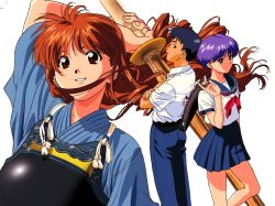 1girl 2girls arm_up armor asuka_(viper) brown_eyes brown_hair floating_hair grin katsura_ken&#039;ichirou long_hair looking_at_viewer miki_(viper) multiple_girls official_art pleated_skirt prototype_design purple_hair school_uniform shinai short_hair simple_background skirt smile sword viper_(series) viper_ctr weapon white_background