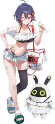 1girl alternate_costume bag bangboo_(zenless_zone_zero) bare_shoulders belle_(zenless_zone_zero) bikini black_bikini black_thighhighs blue_hair blue_nails collarbone crossed_bangs full_body green_eyes hair_between_eyes hair_ornament highres holding jewelry letter_hair_ornament looking_at_viewer nail_polish navel necklace off_shoulder one_eye_covered rkin short_hair simple_background single_thighhigh skirt smile solo standing stomach swimsuit thigh_strap thighhighs thighs toes white_background white_skirt zenless_zone_zero