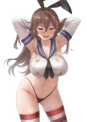 1girl armpits arms_behind_head arms_up ashigara_(kancolle) black_hairband black_neckerchief black_panties blue_sailor_collar breasts brown_eyes brown_hair commentary_request cosplay crop_top curvy elbow_gloves gloves hair_between_eyes hairband highleg highleg_panties horizontal-striped_thighhighs kantai_collection large_breasts long_hair looking_at_viewer navel neckerchief paid_reward_available panties sailor_collar shimakaze_(kancolle) shimakaze_(kancolle)_(cosplay) solo standing striped_clothes striped_thighhighs thighhighs thong toka_(marchlizard) underwear very_long_hair white_background white_gloves