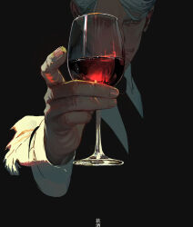 1boy alcohol black_background black_jacket black_necktie challia_bull collared_shirt commentary_request cup dress_shirt drinking_glass facial_hair fingernails grey_eyes grey_hair gundam gundam_gquuuuuux hayakuinnitte highres holding holding_cup jacket looking_at_viewer male_focus mustache necktie outstretched_arm red_wine shirt short_hair simple_background solo suit_jacket upper_body white_shirt wine wine_glass