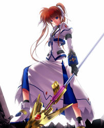 Rule 34 | 00s, 1girl, 40010prototype, boots, brown hair, crossover, dress, female focus, fingerless gloves, gloves, highres, jacket, long hair, lyrical nanoha, magazine (weapon), magical girl, mahou shoujo lyrical nanoha, mahou shoujo lyrical nanoha a&#039;s, mahou shoujo lyrical nanoha strikers, open clothes, open jacket, purple eyes, raising heart, raising heart (exelion mode), red hair, serious, skirt, solo, takamachi nanoha, takamachi nanoha (exceed mode), twintails, white devil