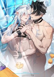 2boys absurdres artist_name bandaged_neck bandages bite_mark black_hair blue_eyes blue_hair blush bottle bubble censored chain chest_harness commentary cuffs ear_blush earrings facebook_logo genshin_impact grey_hair hair_between_eyes hand_up harness highres holding_hands indoors jewelry long_hair looking_at_another looking_back lower_teeth_only male_focus multicolored_hair multiple_boys multiple_scars navel neuvillette_(genshin_impact) nipples nose_blush novelty_censor o-ring o-ring_harness open_mouth parted_bangs pointy_ears purple_eyes rubber_duck saliva saliva_trail scar scar_on_arm scar_on_neck shampoo_bottle short_hair shower_(place) soap_bubbles steam stomach streaked_hair stud_earrings teeth thigh_strap tile_floor tile_wall tiles twitter_x_logo very_long_hair vioarry water watermark white_hair wriothesley_(genshin_impact) yaoi