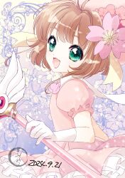 1girl :d absurdres alternate_costume blue_background brown_hair cardcaptor_sakura child dress flower fuuin_no_tsue gloves green_eyes hat highres holding holding_staff kimiori_(yuapple241) kinomoto_sakura open_mouth pale_skin pink_dress pink_flower pink_hat puffy_short_sleeves puffy_sleeves short_hair short_sleeves smile solo staff white_gloves