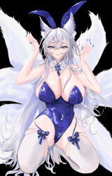 1girl absurdres animal_ears azur_lane black_background blue_garter_straps blue_leotard blue_nails breasts collar commentary fake_animal_ears fox_ears fox_girl fox_tail highres kitsune kneeling kyuubi large_breasts large_tail leotard long_hair looking_at_viewer multiple_tails nail_polish official_alternate_costume playboy_bunny rabbit_ears shinano_(azur_lane) shinano_(visions_of_fantasy)_(azur_lane) simple_background solo tail thighhighs undersized_breast_cup uuu10aimuuu very_long_hair white_collar white_hair white_tail white_thighhighs