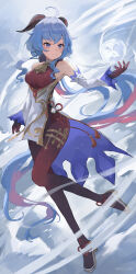 1girl absurdres ahoge artur_link bare_shoulders bell black_gloves black_pantyhose blue_hair breasts chinese_knot detached_sleeves full_body ganyu_(genshin_impact) genshin_impact gloves gold_trim high_heels highres horns jewelry light_smile long_hair medium_breasts neck_bell orb pantyhose purple_eyes qilin_(mythology) red_rope rope sidelocks solo thighlet thighs vision_(genshin_impact) waist_cape white_sleeves