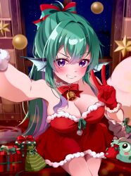 1girl bell bow breasts christmas cleavage dress finana_ryugu fins gift gloves green_hair grin hair_bow head_fins high_ponytail highres kano3 large_breasts long_hair neck_bell nijisanji nijisanji_en ponytail purple_eyes red_dress red_gloves ryuguard_(finana_ryugu) selfie sharp_teeth smile solo strapless strapless_dress teeth v virtual_youtuber