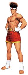 1boy brown_eyes brown_hair capcom_vs_snk fatal_fury full_body game_cg grin hachimaki hand_wraps hands_on_own_hips headband highres japanese_flag joe_higashi looking_to_the_side male_focus mongkhon mori_toshiaki muay_thai non-web_source official_art open_mouth simple_background smile solo teeth the_king_of_fighters topless_male white_background white_headband