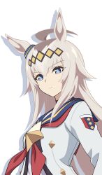 1girl absurdres ahoge animal_ears blue_eyes blue_ribbon blue_sailor_collar bow closed_eyes commentary_request drop_shadow ear_ribbon hair_ornament highres horse_ears horse_girl kiyosuke_(kiyosuke023) long_hair long_sleeves multicolored_hair neckerchief oguri_cap_(umamusume) red_neckerchief ribbon sailor_collar shirt solo star_(symbol) streaked_hair umamusume umamusume:_cinderella_gray upper_body white_background white_hair white_shirt
