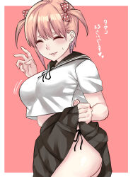 1girl alternate_costume ass black_sailor_collar black_skirt border bow breasts closed_eyes clothes_lift commentary_request cowboy_shot earrings facing_viewer from_side go-toubun_no_hanayome grin hair_bow hand_up highres jewelry large_breasts lifting_own_clothes marimo_625 midriff_peek nakano_ichika outside_border panties pink_hair pleated_skirt polka_dot polka_dot_bow red_background red_bow sailor_collar school_uniform serafuku shirt short_hair short_sleeves short_twintails side-tie_panties side-tie_peek skirt skirt_lift smile solo translation_request twintails underwear white_border white_shirt