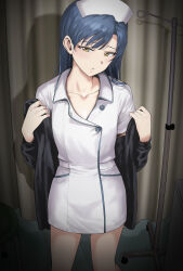1girl alternate_costume black_jacket blue_hair blush collarbone dress hat highres idolmaster idolmaster_(classic) indoors iv_stand jacket kisaragi_chihaya long_hair looking_at_viewer nurse nurse_cap removing_jacket solo straight_hair tsurui white_dress