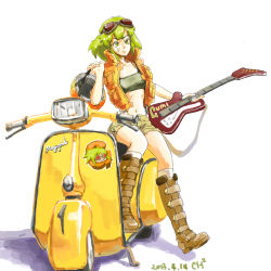 1girl [ch]^2 absurdres bandaid bandaid_on_cheek bandaid_on_face bicycle_helmet boots brown_boots closed_mouth dated goggles goggles_on_head green_eyes green_hair guitar gumi gumi_(v3_megpoid) helmet highres holding holding_helmet holding_instrument instrument jacket midriff motor_vehicle navel orange_jacket scooter shorts simple_background solo strapless tube_top vespa vocaloid white_background
