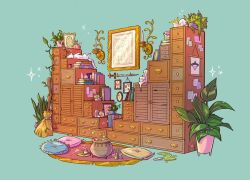 Rule 34 | animal, artist name, book, book stack, bottle, broom, candle, candlestand, cat, cauldron, chest of drawers, clutter, commentary, cow, crystal, cushion, english commentary, evergreenqveen, glass bottle, indoors, jar, liquid, no humans, original, picture frame, pillow, plant, pothos (plant), potted plant, rug, scenery, shelf, simple background, skull, sparkle, sword, vines, weapon
