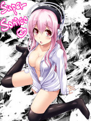 1girl asu_hare bad_id bad_pixiv_id black_thighhighs breasts cleavage covering_crotch covering_privates downblouse female_focus from_above highres hood hoodie large_breasts long_hair looking_up naked_hoodie nitroplus no_bra open_clothes open_shirt over-kneehighs pink_eyes pink_hair pom_pom_(clothes) shirt sitting solo super_sonico thighhighs wariza