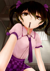 1girl bow breasts brown_eyes brown_hair checkered_clothes checkered_skirt closed_mouth collared_shirt commentary_request cowboy_shot day food frilled_shirt_collar frills hair_between_eyes hair_bow harunoha himekaidou_hatate indoors long_hair looking_at_viewer medium_breasts necktie pink_shirt pocky pocky_day pocky_kiss purple_bow purple_necktie purple_skirt shared_food shirt short_sleeves skirt solo touhou twintails variant_set window
