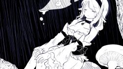 Rule 34 | 1girl, bow, breasts, choker, cleavage, closed eyes, closed mouth, commentary request, corset, cowboy shot, detached sleeves, dress, dutch angle, frilled dress, frilled sleeves, frills, frown, gem, hairband, long hair, medium breasts, mushroom, official alternate costume, pochiko (poteko), pointy ears, ragnarok online, rain, sidelocks, sleeveless, sleeveless dress, solo, wanderer (ragnarok online), wide sleeves