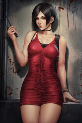 1girl absurdres ada_wong bare_shoulders black_hair blush breasts brown_eyes choker dress female_focus gloves gun highres looking_at_viewer medium_breasts red_dress resident_evil resident_evil_2 resident_evil_2_(remake) sciamano240 short_hair simple_background solo standing weapon