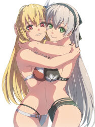 2girls alisa_reinford ao_no_kiseki bikini black_bikini black_hairband blonde_hair breast_press chiharu_(9654784) double-parted_bangs eiyuu_densetsu elie_macdowell falcom feather_hair_ornament feathers green_eyes grey_hair hair_between_eyes hair_ornament hairband hajimari_no_kiseki highres hug long_hair looking_at_viewer multiple_girls red_eyes sen_no_kiseki sen_no_kiseki_(series) sen_no_kiseki_iii sen_no_kiseki_iv simple_background smile swimsuit white_background white_bikini zero_no_kiseki