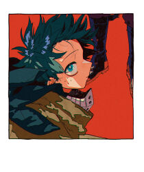 Rule 34 | 2boys, aqua hair, bakugou katsuki, blue eyes, blue mask, boku no hero academia, boots, border, bright pupils, cape, chromatic aberration, closed mouth, colored shoe soles, combat boots, expressionless, film grain, floating hair, floating mask, freckles, from side, highres, ligne claire, looking at viewer, looking to the side, male focus, mask, mask around neck, midoriya izuku, mouth mask, multiple boys, official alternate costume, out of frame, portrait, profile, red background, short hair, sideways glance, souko (floyd), spoilers, tareme, unworn mask, upturned eyes, white border, white pupils, wind, yellow cape