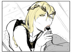 1boy 1girl :&gt;= black_dress blonde_hair braid breasts censored circlet cleavage commentary_request dress elden_ring fellatio fujou_joshi gold_circlet gold_diadem handjob heart heart_censor hetero jewelry kneeling large_breasts lips long_hair looking_at_viewer oral penis pov pov_crotch queen_marika_the_eternal simple_background sketch slit_pupils testicles trembling yellow_eyes
