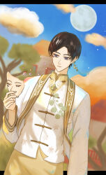 1boy black_border blue_sky border brown_hair chinese_clothes closed_mouth collared_shirt cowboy_shot crescent crescent_earrings earrings eyelashes fingernails floating_earrings full_moon holding holding_mask house jewelry kohanai_setsuna letterboxed light_frown light_particles lips long_sleeves looking_at_object male_focus mandarin_collar marking_on_cheek mask moon nikki_(series) nostrils outside_border pants pointy_nose purple_eyes qin_yi shards shining_nikki shirt short_hair single_earring sky solo tangzhuang tassel tassel_earrings tree white_shirt yellow_pants