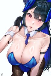 1girl absurdres alternate_costume black_gloves black_pantyhose breasts cleavage collarbone fishnets gloves highres hololive hololive_english horns large_breasts leotard lips long_hair looking_at_viewer nerissa_ravencroft pantyhose playboy_bunny red_eyes shikuroo0 solo solo_focus thighs virtual_youtuber