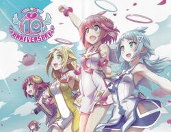 Rule 34 | 4girls, absurdres, amatsuka patako, angel, angel and devil, anniversary, artist request, blonde hair, blue eyes, blue hair, blue sky, blush, breasts, cloud, demon girl, demon horns, dress, ekoro (galgun), falling petals, gal gun (series), hair ornament, hairclip, halo, happy, highres, horns, jumping, kurona (galgun), long hair, looking to the side, medium breasts, multiple girls, multiple persona, necktie, official art, open mouth, outdoors, petals, red eyes, red hair, risu (galgun), scan, short hair, sky, sleeveless, sleeveless dress, small breasts, wrist cuffs