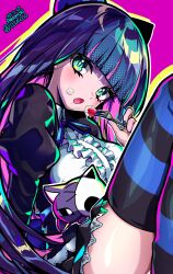 Rule 34 | 1girl, adamusuki (user aahn7557), aqua eyes, black dress, blue hair, blunt bangs, bow, commentary request, dress, food, food on face, fork, fruit, gothic lolita, hair bow, icing, light blush, lolita fashion, long hair, long sleeves, looking at viewer, open mouth, panty &amp; stocking with garterbelt, pink background, stocking (psg), strawberry, striped clothes, striped thighhighs, thighhighs