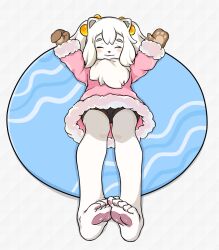 1girl barefoot black_shorts blush closed_eyes coat dog_girl feet fini_(world_flipper) full_body furry furry_female hair_bobbles hair_ornament highres long_hair long_sleeves lying mittens mwm5 on_back pink_coat shorts solo wavy_mouth white_hair world_flipper
