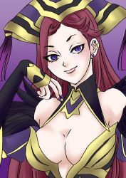 1girl breasts cleavage earrings feather_trim fingernails fire_emblem fire_emblem_heroes highres jewelry large_breasts lips loki_(fire_emblem) long_fingernails momojikutteyaru nintendo purple_eyes purple_hair purple_nails single_earring