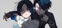 2boys aam09212 adk-em angel_and_devil aqua_eyes bandai bandai_namco bat_(animal) bat_genome bishounen black_hair black_nails black_shirt commentary fenix_uniform goth_fashion igarashi_daiji ishimori_prod jewelry kagerou_(kamen_rider_revice) kamen_rider kamen_rider_revice male_focus military military_uniform multiple_boys multiple_rings nail_polish necklace ring see-through_clothes see-through_sleeves shaded_face shadow shirt stamp_mark symbol-only_commentary toei_company tokusatsu tv_asahi upper_body vistamp yellow_eyes