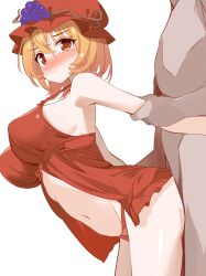 1boy aki_minoriko arm_held_back babydoll blonde_hair blush breasts clothed_female_nude_male clothed_sex grape_hat_ornament hat hetero highres kamukamu_(ars) large_breasts looking_at_viewer mob_cap navel nude panties red_babydoll red_eyes red_panties sex sex_from_behind shiny_skin short_hair simple_background solo_focus standing standing_sex touhou underwear white_background