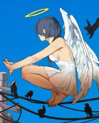 1girl angel angel_wings barefoot bird black_nails blue_background commentary crow feet glaw halo highres long_hair nail_polish original power_lines toenail_polish toenails toes wings yellow_halo