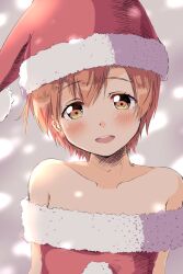 1girl bare_shoulders blush collarbone fur-trimmed_headwear fur_trim hat highres hoshizora_rin looking_at_viewer love_live! love_live!_school_idol_project off_shoulder open_mouth orange_hair red_hat santa_costume santa_hat sen_(sen0910) short_hair smile solo upper_body yellow_eyes
