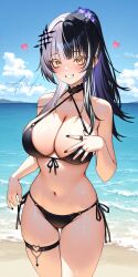 1girl bikini black_hair breasts highres hololive hololive_english multicolored_hair ponytail shiori_novella smile swimsuit two-tone_hair virtual_youtuber white_hair yellow_eyes